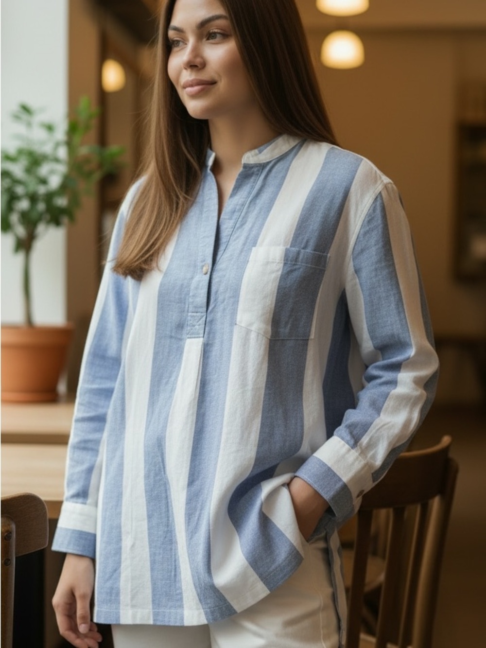Old Navy Blue and White Striped Relaxed Button Pullover Shirt